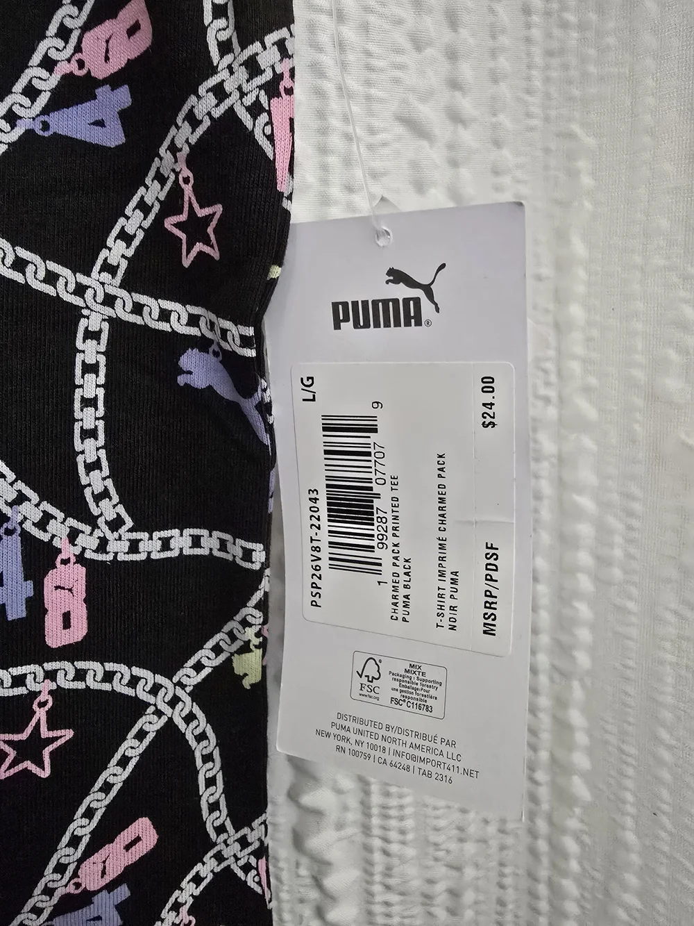 Girls Large Puma Black Short Sleeve Top with Pink, Blue & Yellow Accents